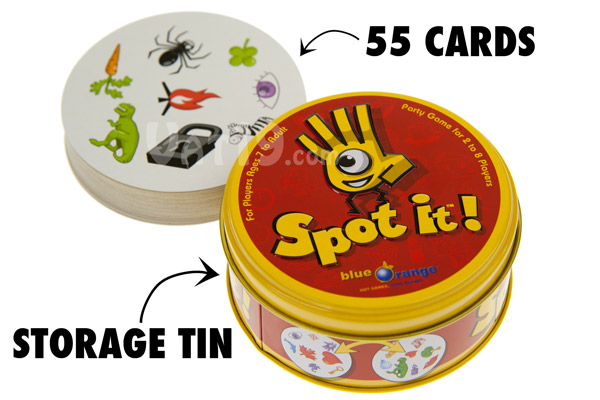 Spot It features 55 illustrated cards and a storage tin.