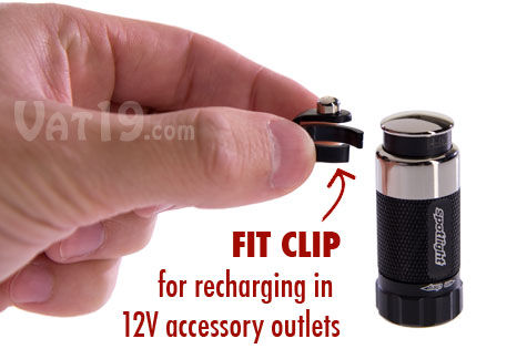 Spotlight Miniature Rechargeable LED Vehicle Flashlight provides 180 minutes of illumination per charge.
