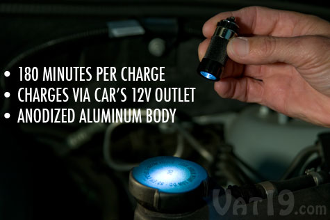 Spotlight Miniature Rechargeable LED Vehicle Flashlight provides 180 minutes of illumination per charge.
