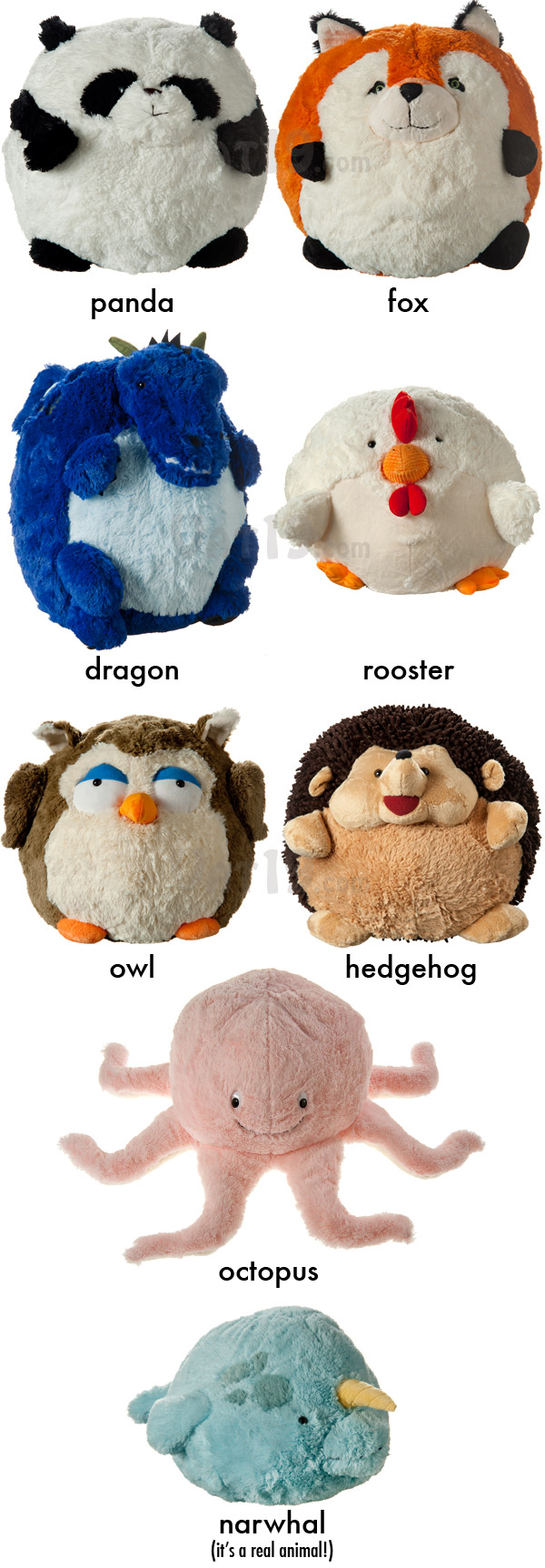 Squishables stuffed animals are available in a variety of animal styles.