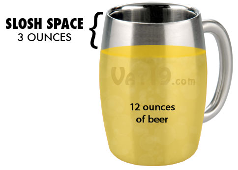 The 15 oz capacity of the stainless steel beer mug increases sloshability.