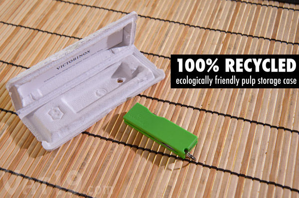 The Swiss Army Knife Keychain is packaged in an environmentally friendly 100% recycled paper pulp storage case.