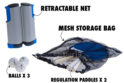 Table Tennis To Go portable Ping Pong set includes two paddles, three balls, and a mesh storage bag.