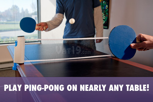 Portable Table Tennis To Go turns any table into a ping pong court.