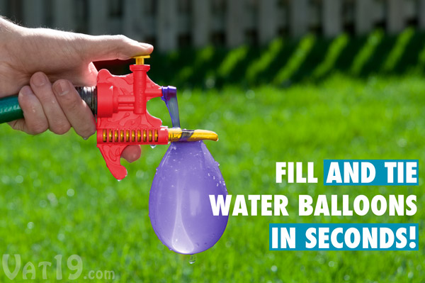 Tie-Not Water Balloon Filler fills and ties water balloons in seconds.