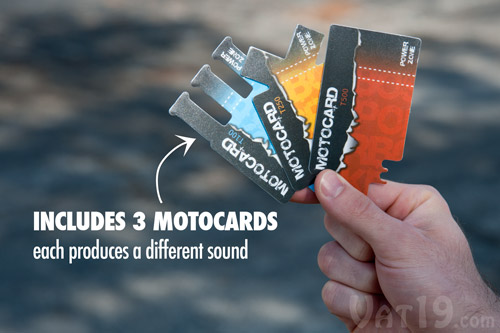 The Turbospoke Bicycle Exhaust System comes with three different motocards. Each produces a different sound.