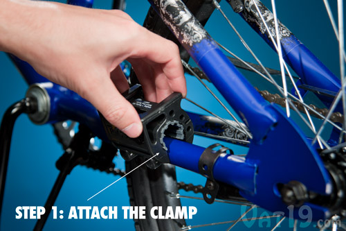 To install the Turbospoke, begin by attaching the clamp on to the frame of the bike.