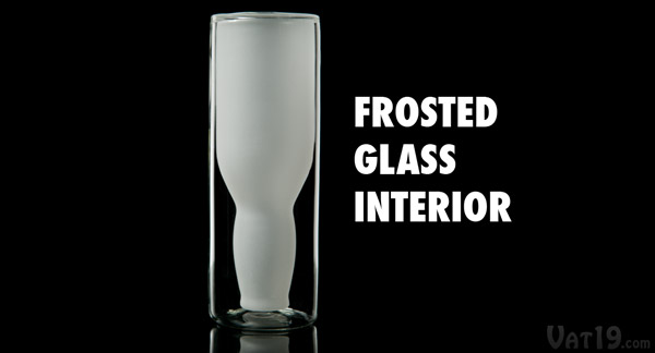 The interior of the hand-blown Upside Down Beer Glass features frosted glass.