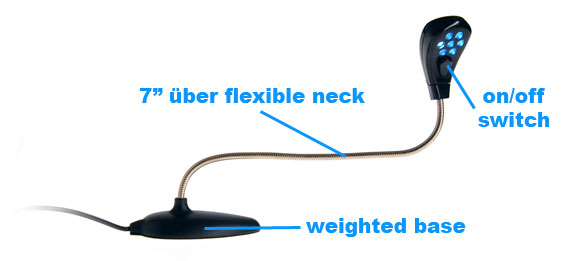 USB Desk Lamp features a flexible neck and on/off switch.