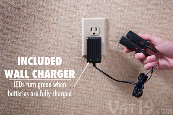 Volt Heated Indoor Outdoor Slippers come with an included wall charger and two lithium ion batteries.
