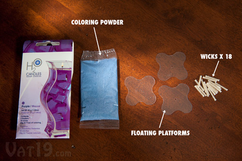 Each H20 Candle Packet includes 18 wicks, three floaters, and 20g of coloring.