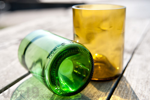 Tumblers made from wine bottles that were made from recycled glass.