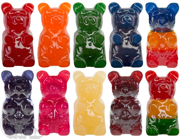 The World's Largest Gummy Bear is available in red cherry, blue raspberry, orange, green apple, pineapple, bubblegum, and astro.