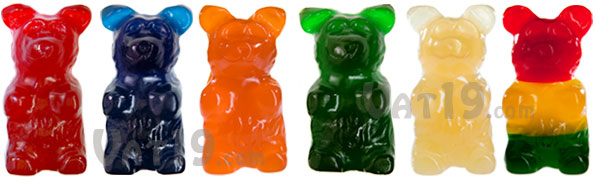 The World's Largest Gummy Bear is available in blue raspberry, red cherry, green apple, and orange flavors.