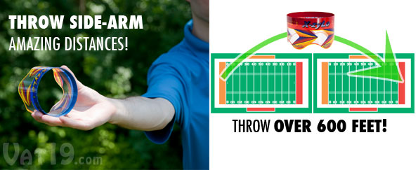 Throw the X-Zylo Ultra Flying Ring with a side-arm motion to achieve distances of up to 600 feet.