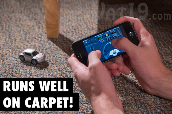 The ZenWheels Microcar remote control iPhone car works well on carpet.